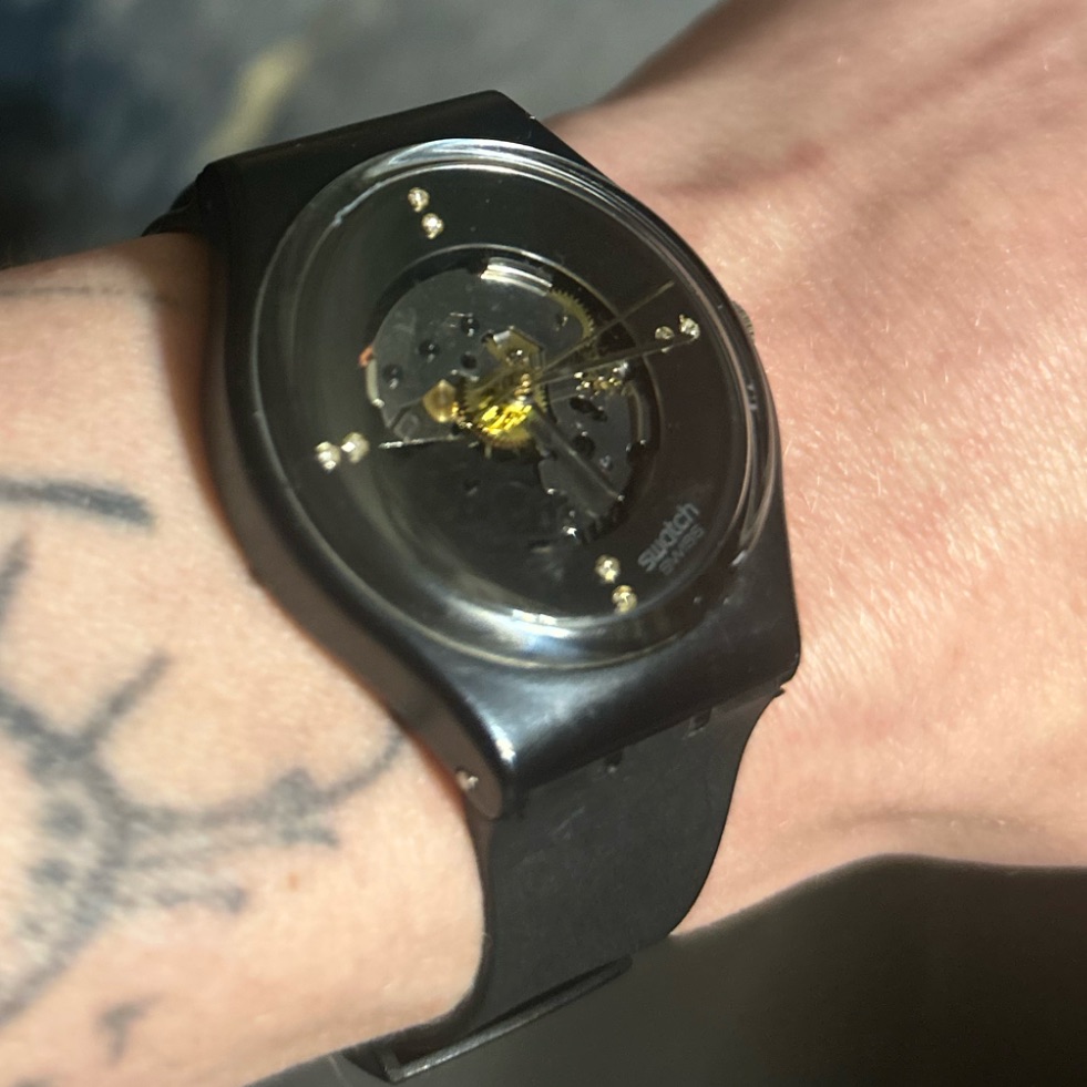 Vintage Swatch Nib - Swiss Made Sleek Black Watch With Visible Mechanical Parts